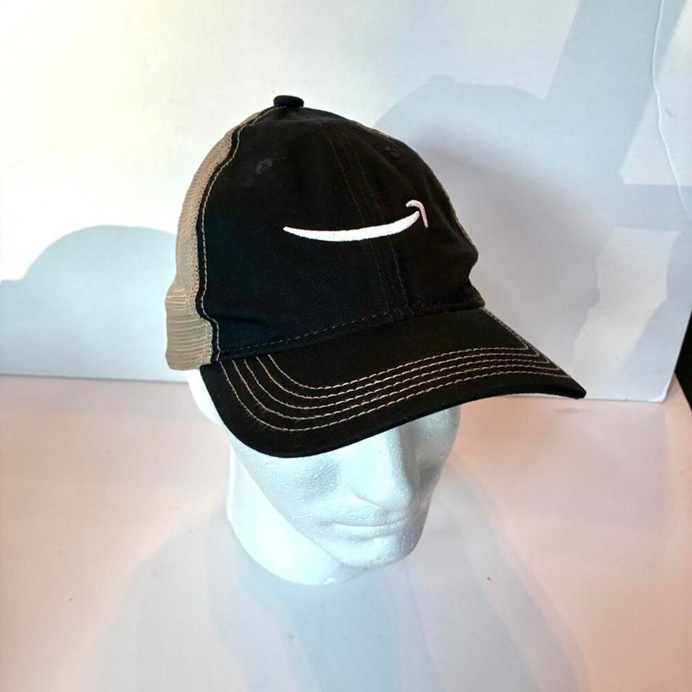 Amazon Logo Embroidered Trucker Hat Black Mesh Back Snapback Cap